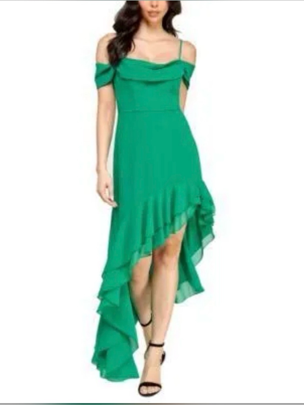 City Triangles Emerald Green Off-Shoulder High-Low Ruffle Dress